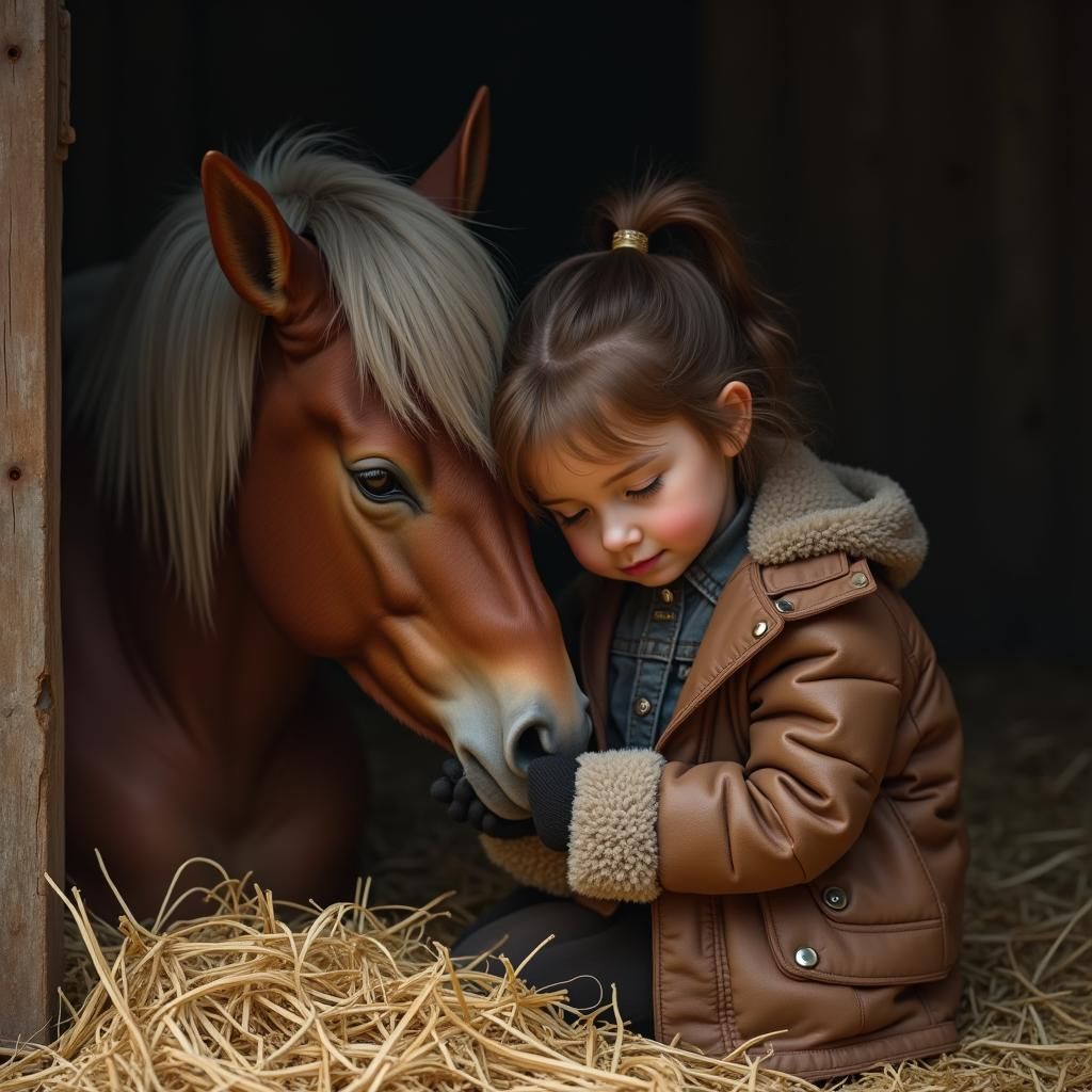 Girl Snuggling Pony in Stable: Fantasy Art