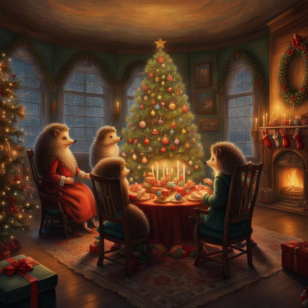 Hedgehog Christmas Celebration as Storybook Illustration