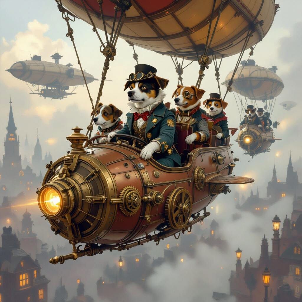 Steampunk Dogs Pilot Flying Machines in Victorian City