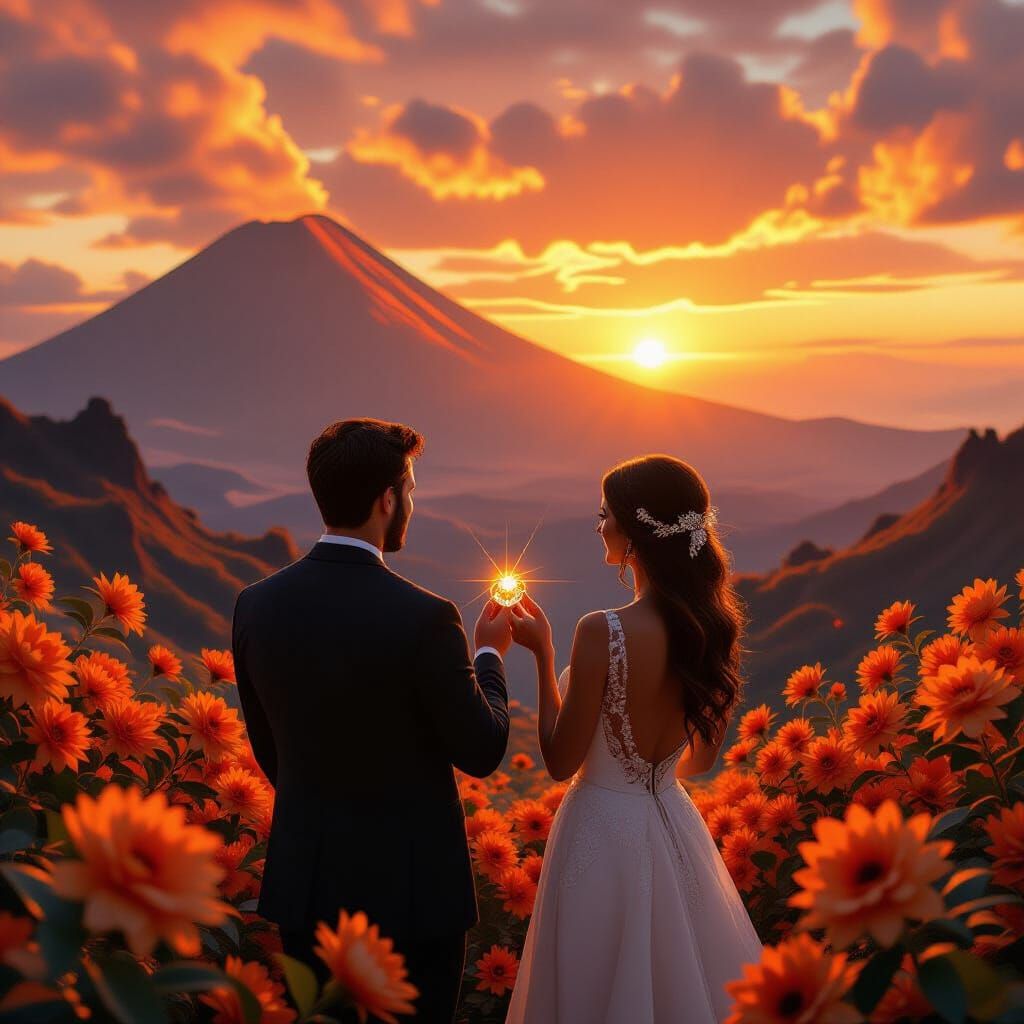 Couple Gazes at Orange Diamond Ring Amidst Volcanoes