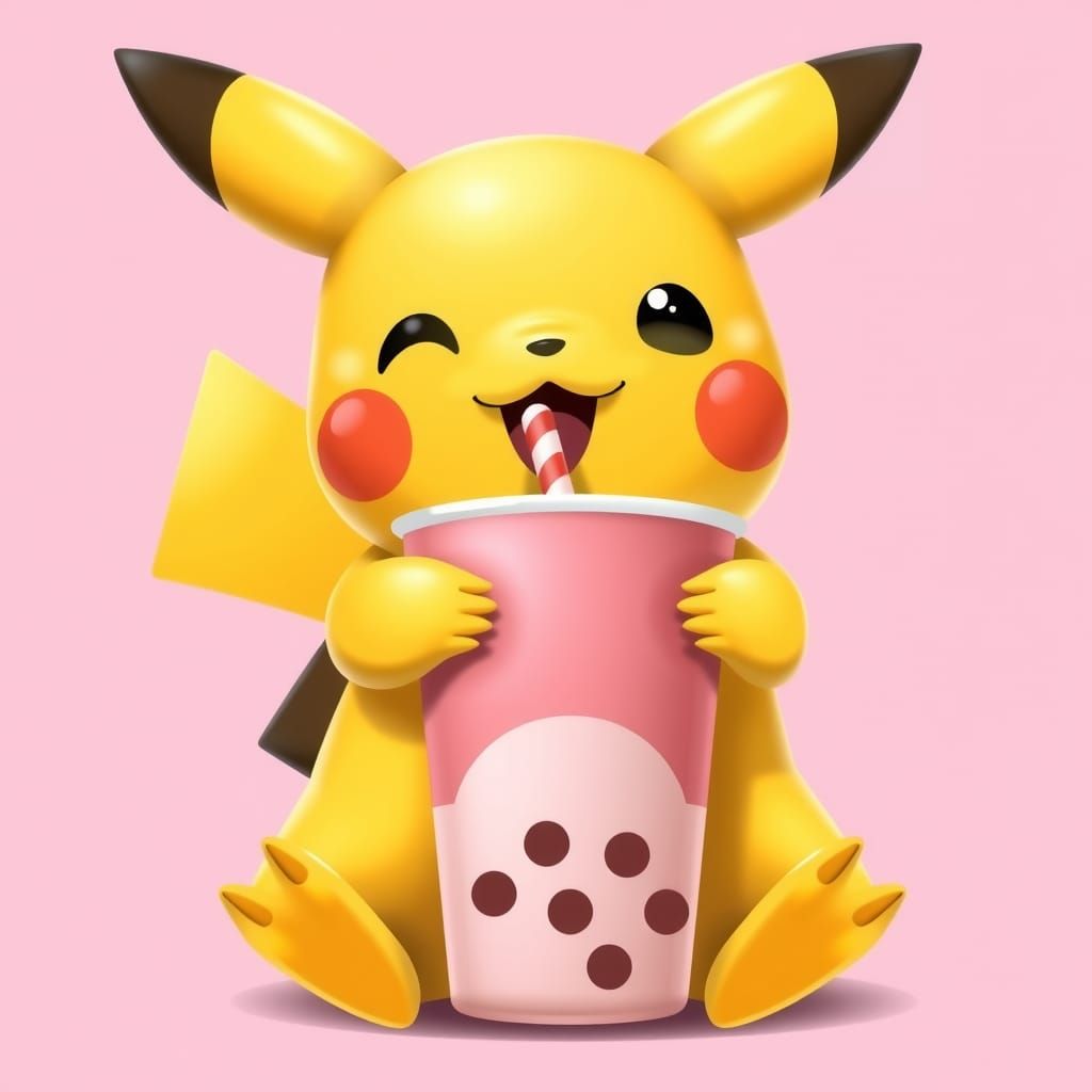 Pikachu Enjoying Boba Tea in a Delightful Pink Cup