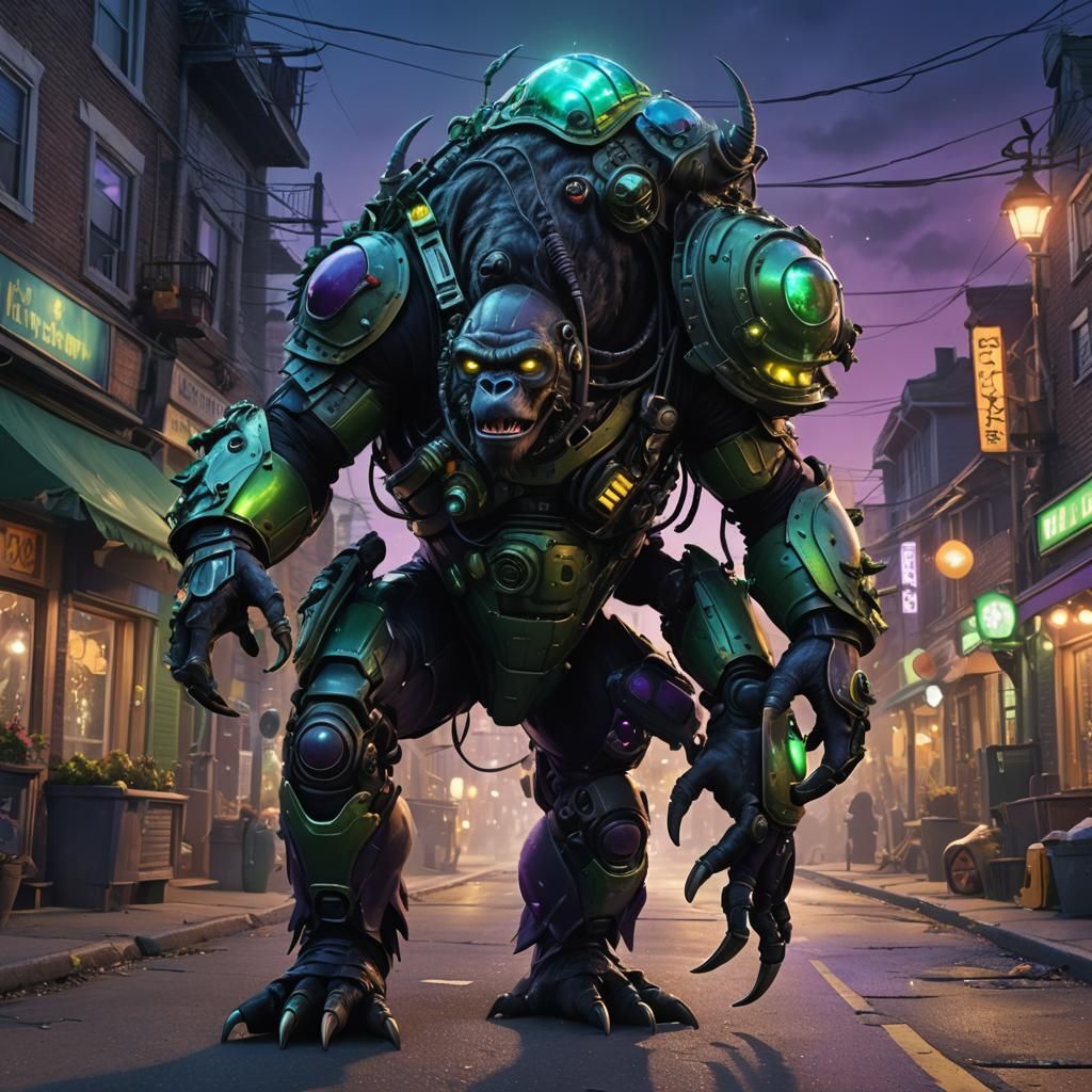 Alien Monster Walks Halloween Street, Digital Art