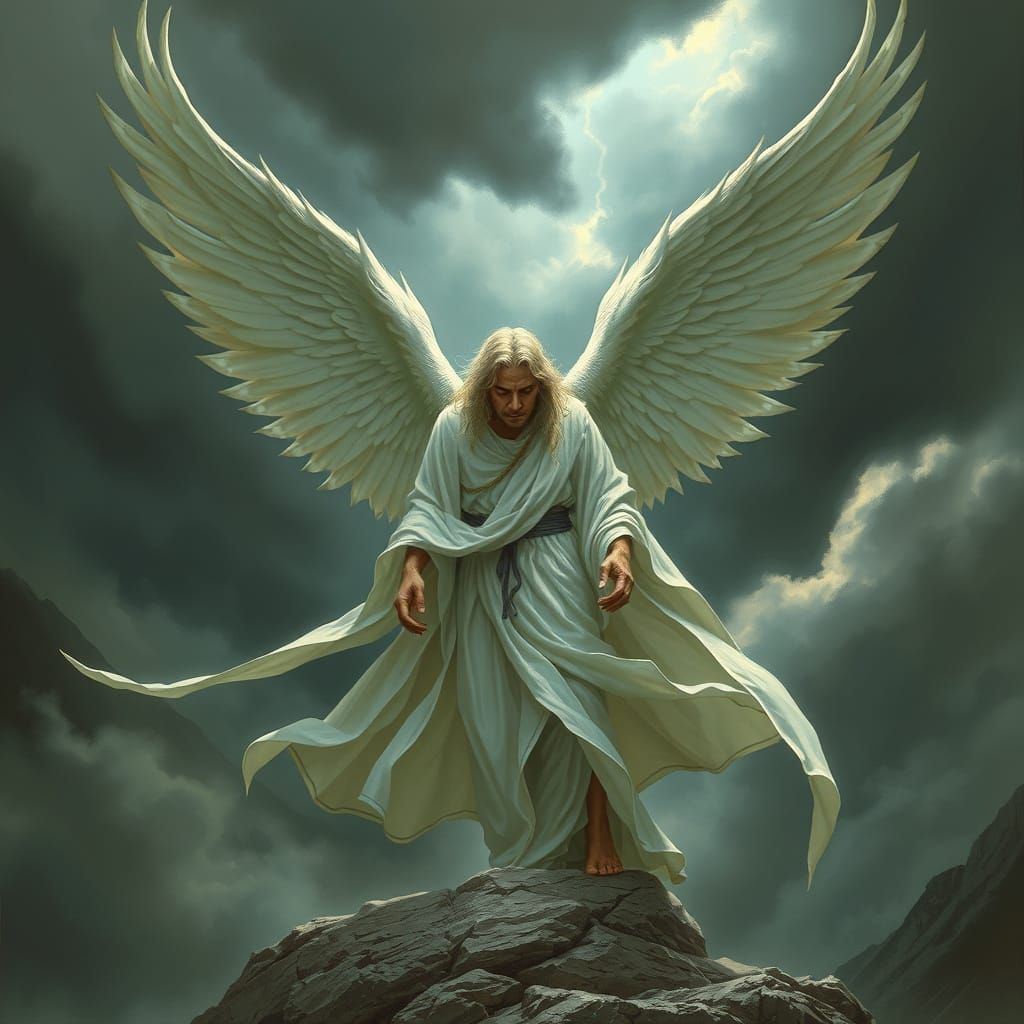 Winged Figure in Stormy Sky: Fantasy Art