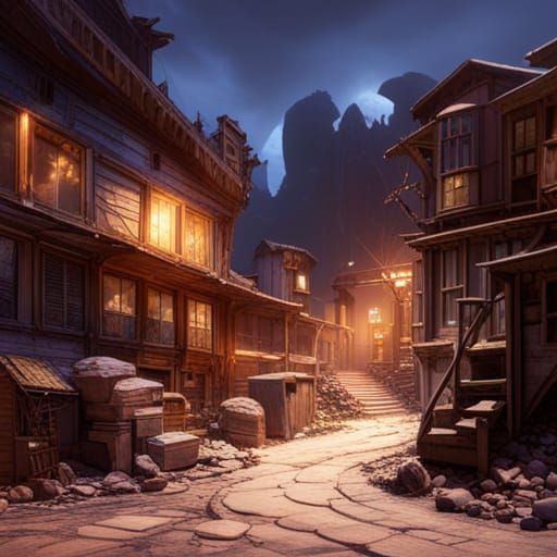 Fantastical Abandoned Mining Town in Detailed Matte Painting