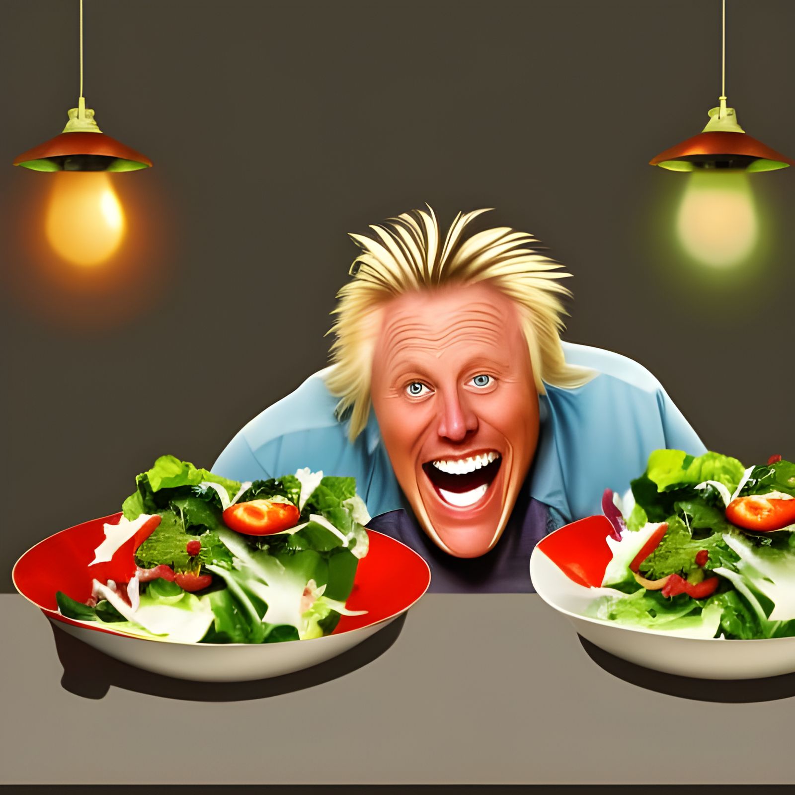 Hyperrealistic Gary Busey Laughing Eating Salad