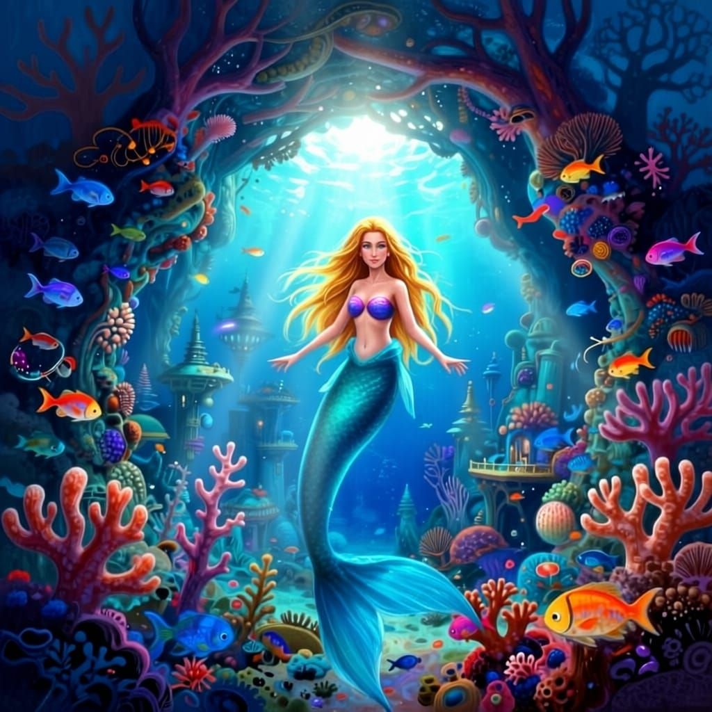 Underwater City in Coral Reef with Merfolk