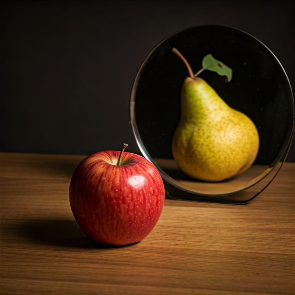 Apple's Pear Reflection: A Surreal Mirror Image