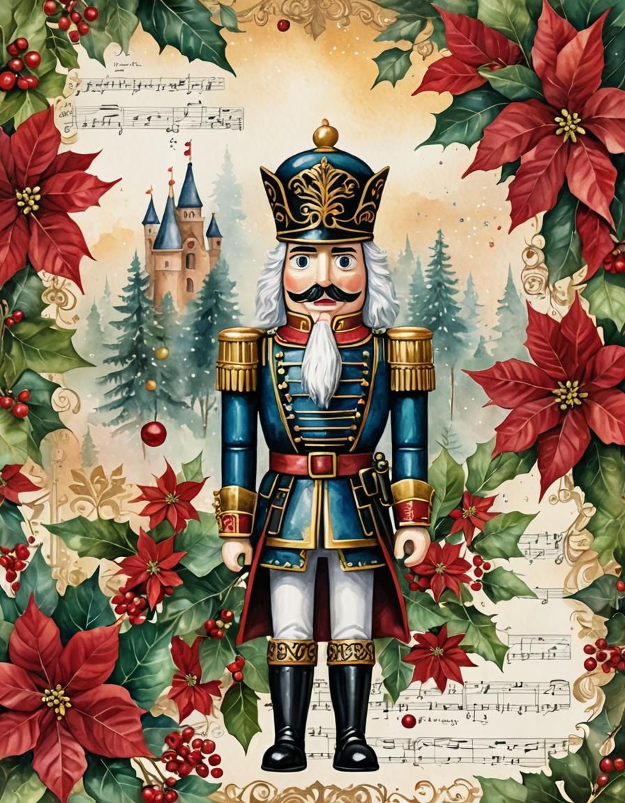 Christmas Nutcracker with Floral Accents in Art Nouveau Styl...