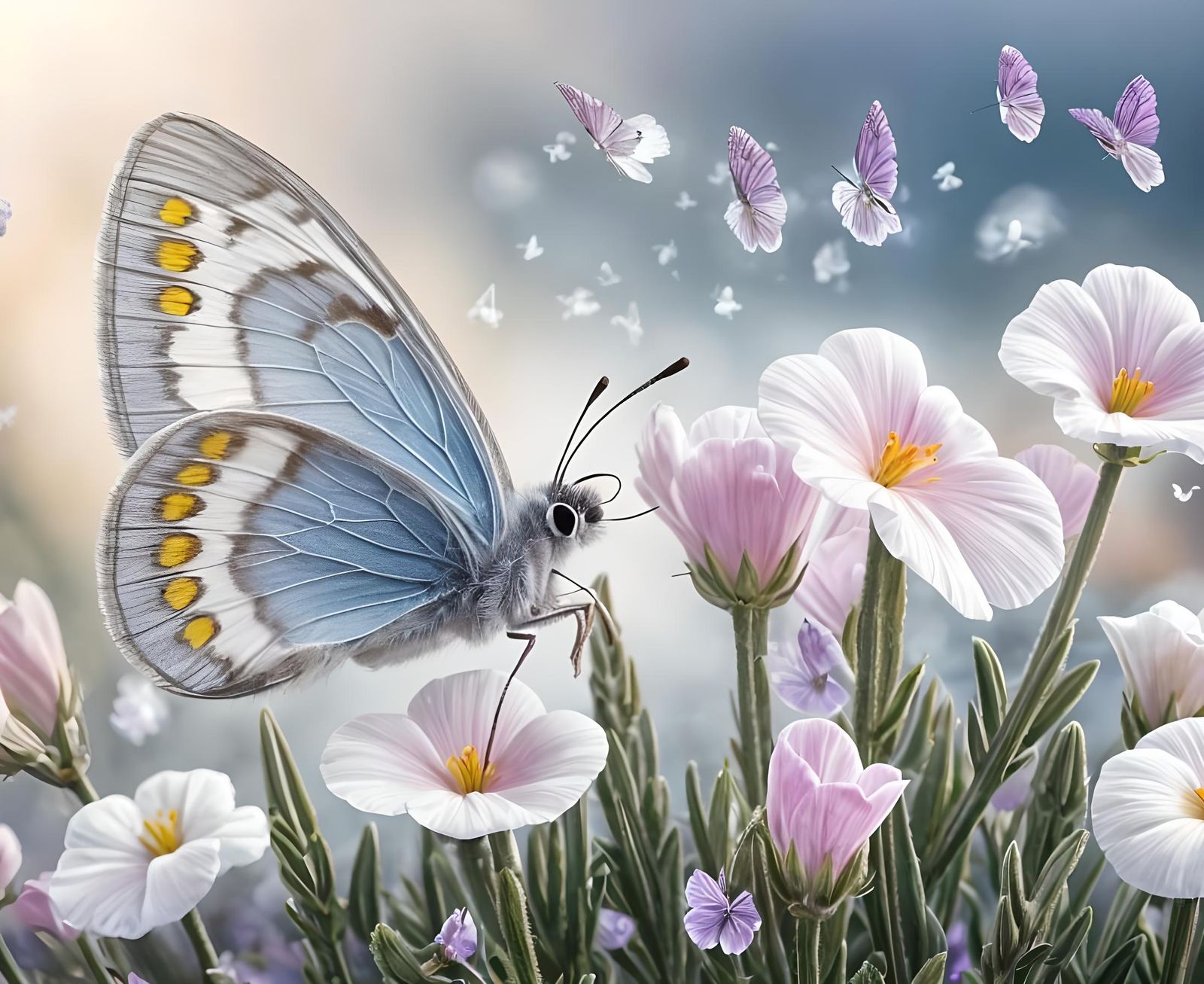 Evening Primrose flowers in a row across the image with the ...