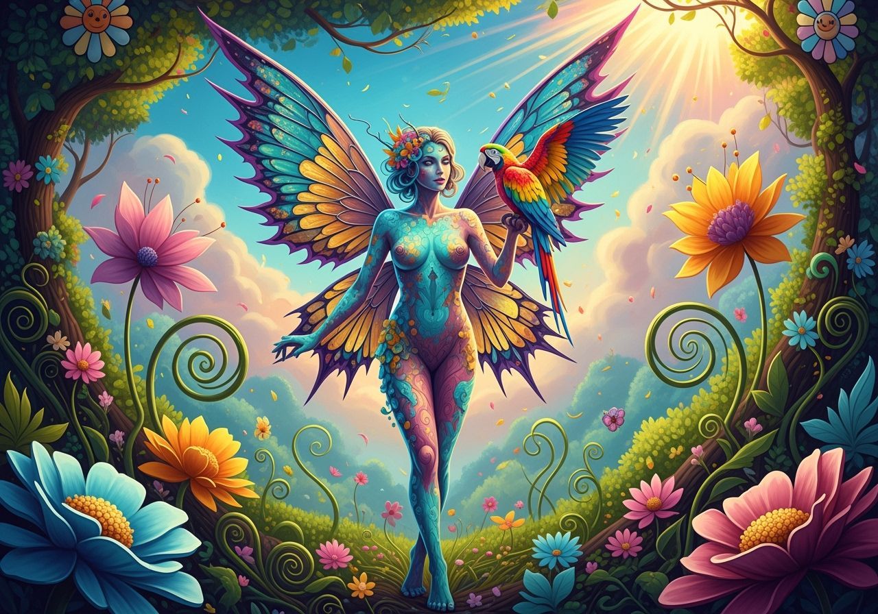Vibrant Fairy in Enchanted Forest with Parrot