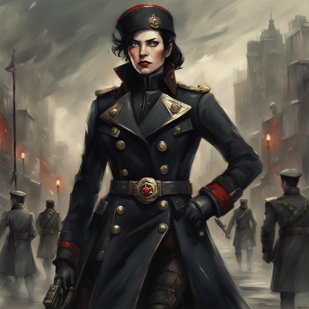 Female Commissar in Black Trench Coat, Gritty Style