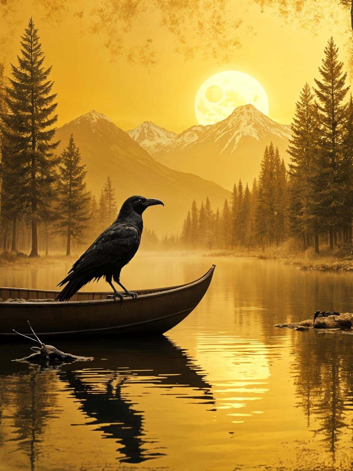 Golden Raven on Boat: Monochromatic Wax Ink Painting