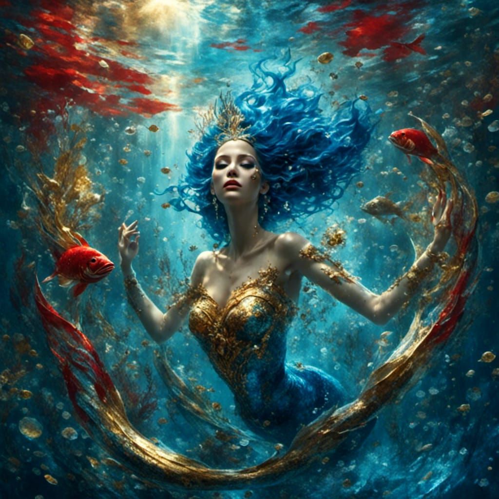 Vibrant Mermaid in Blue, Red, and Gold
