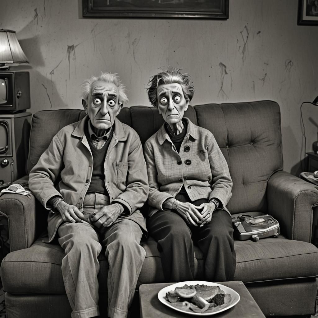 Creepy Grandparents Watching TV in Frankenweenie Style