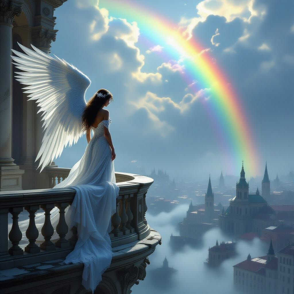 Fallen Angel on Baroque Balcony with Rainbow