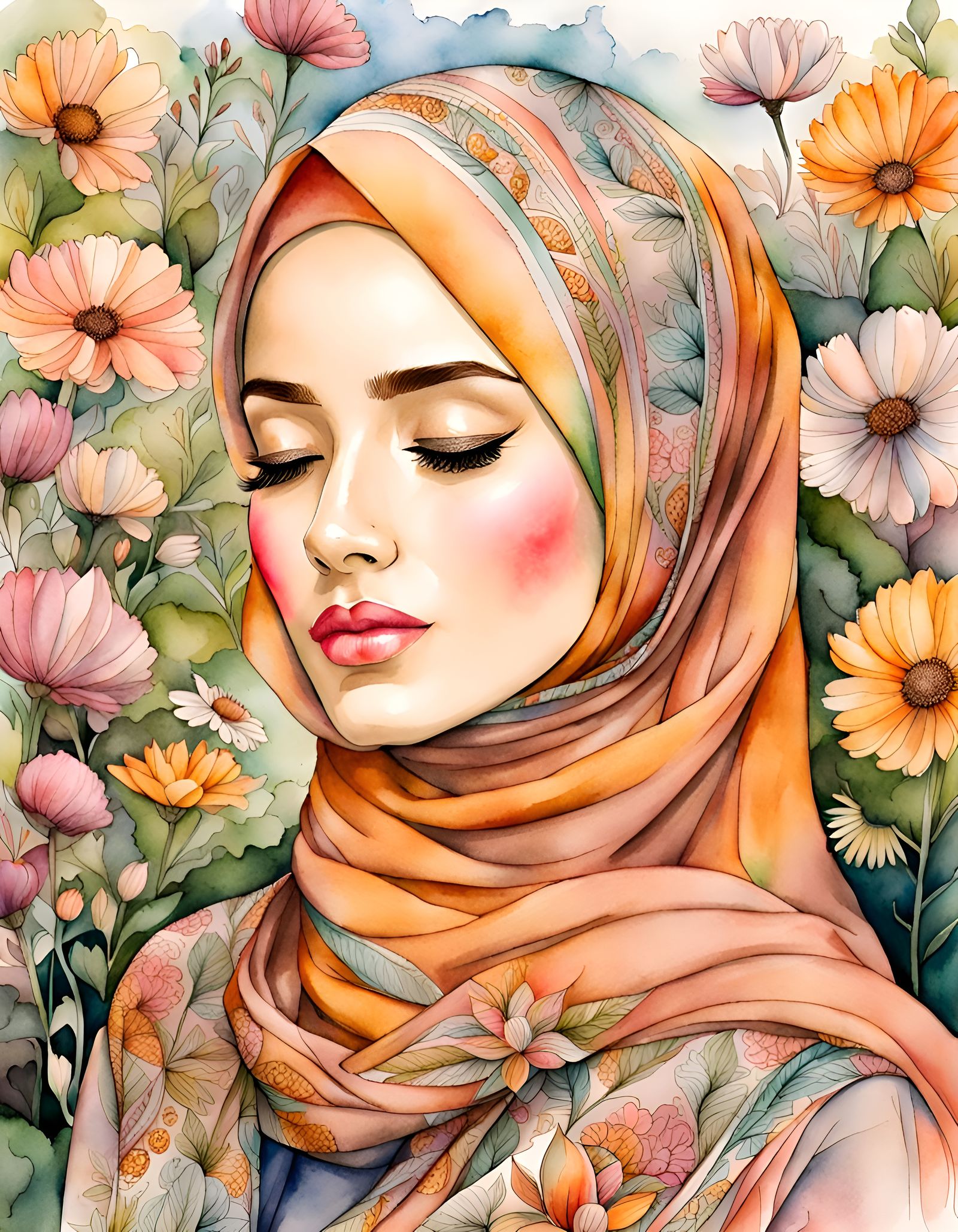 Beautiful Hijabi Woman in Garden: Watercolor Ink Drawing