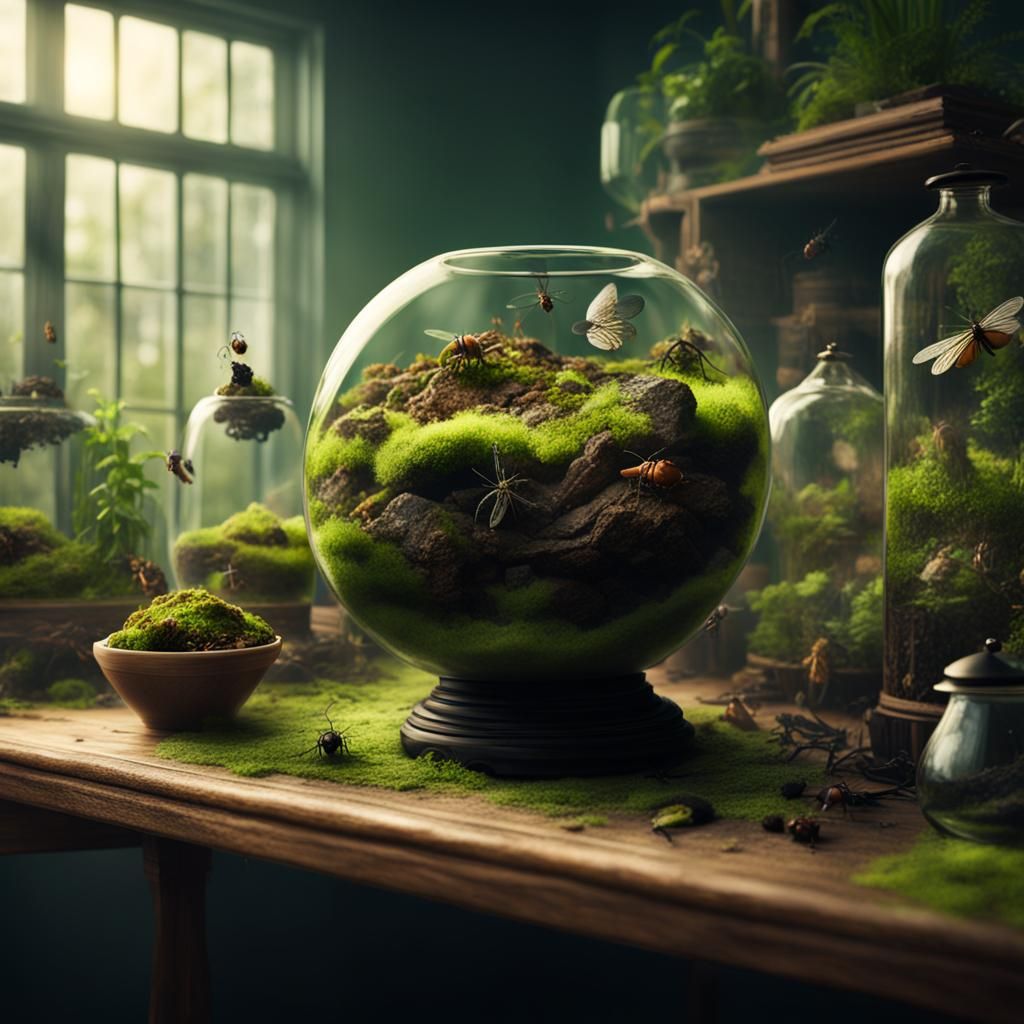 Detailed Terrarium with Moss and Insects