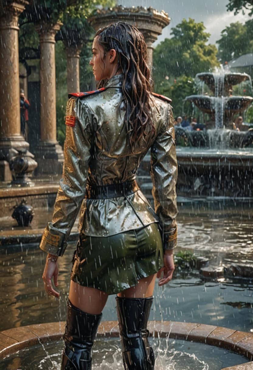 Glamorous Woman in Fountain, Military Uniform, Fantasy Art