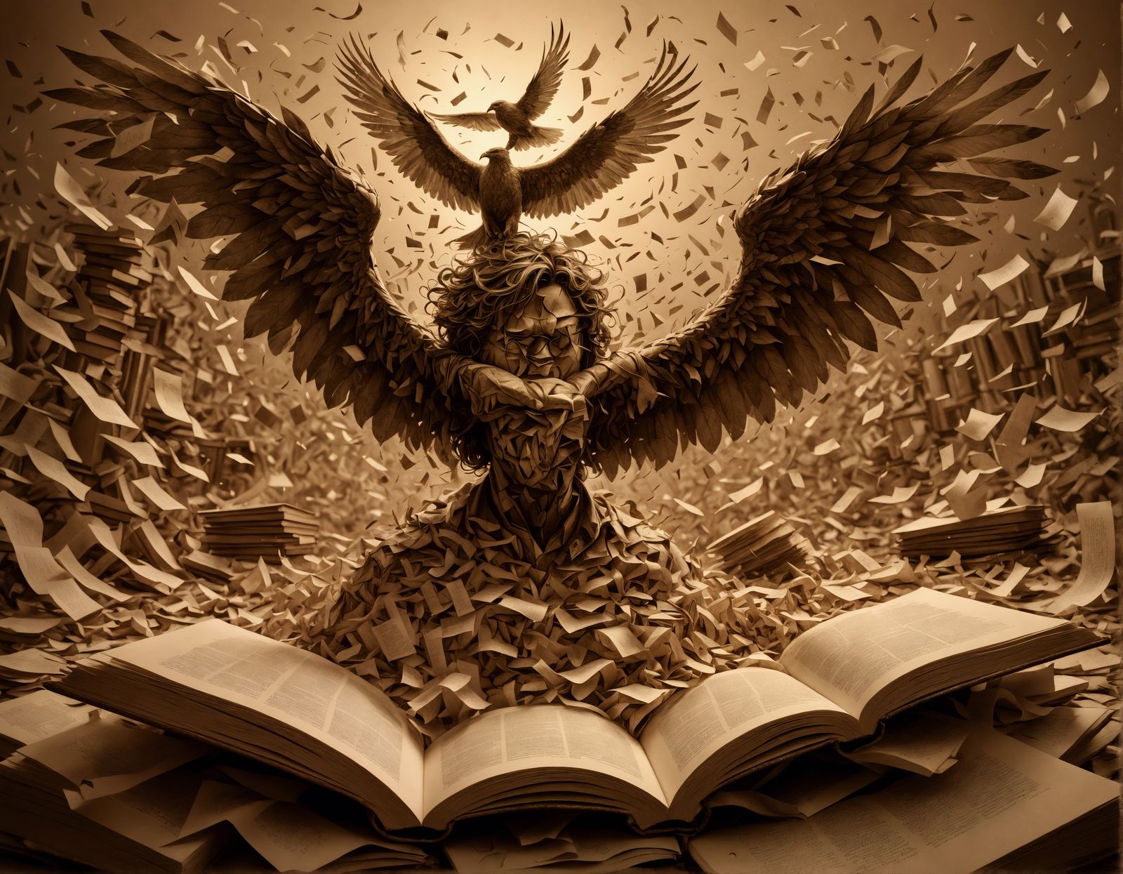 Sepia Sketch of Writer in a Paper Whirlwind