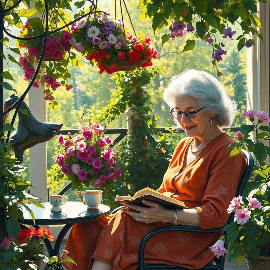 Silver-Haired Woman on a Sunlit Patio