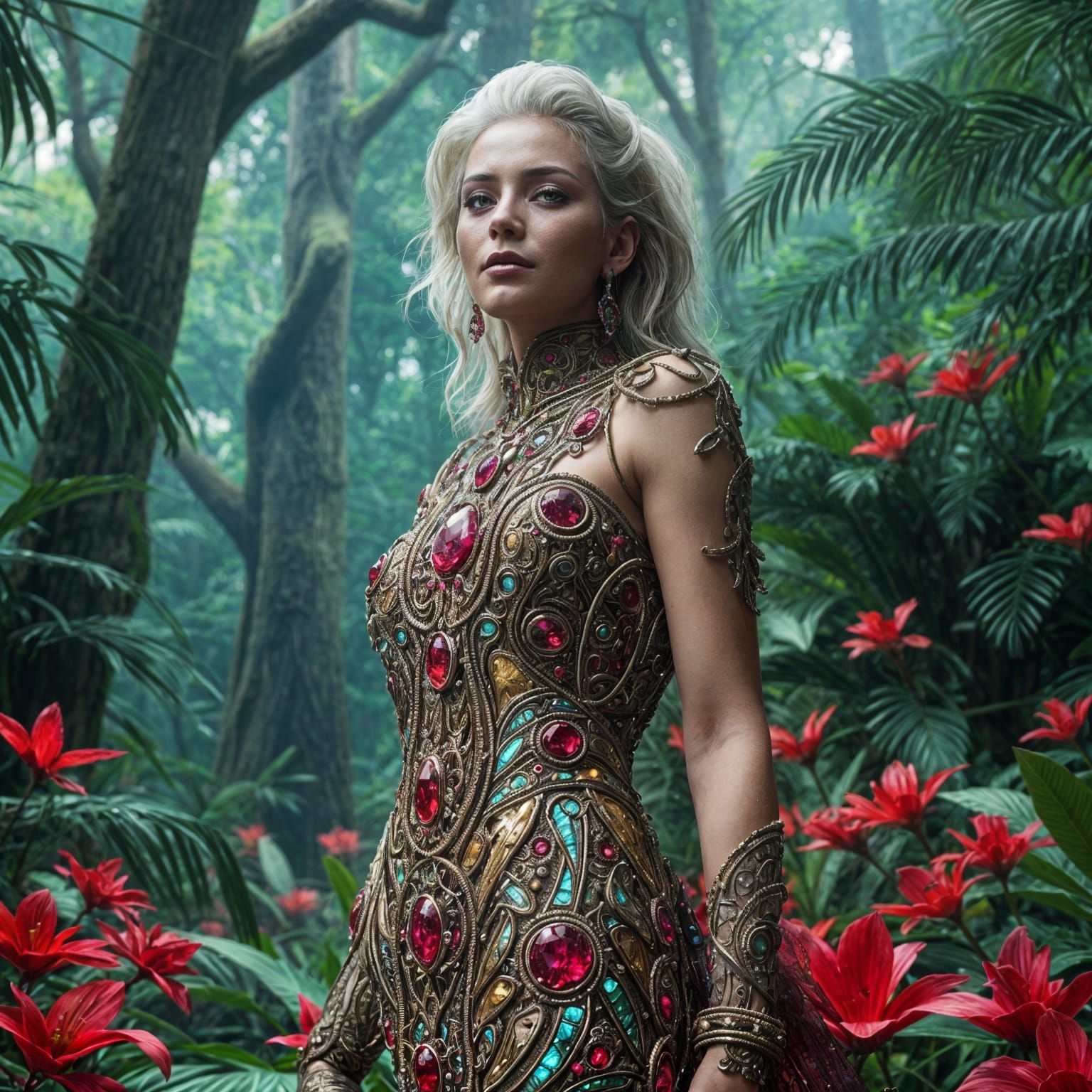 Ethereal Alien Goddess in Jungle with Metal Dress