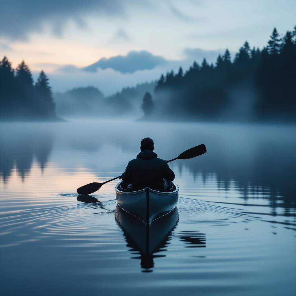 Man in Canoe on Misty Lake at Dawn