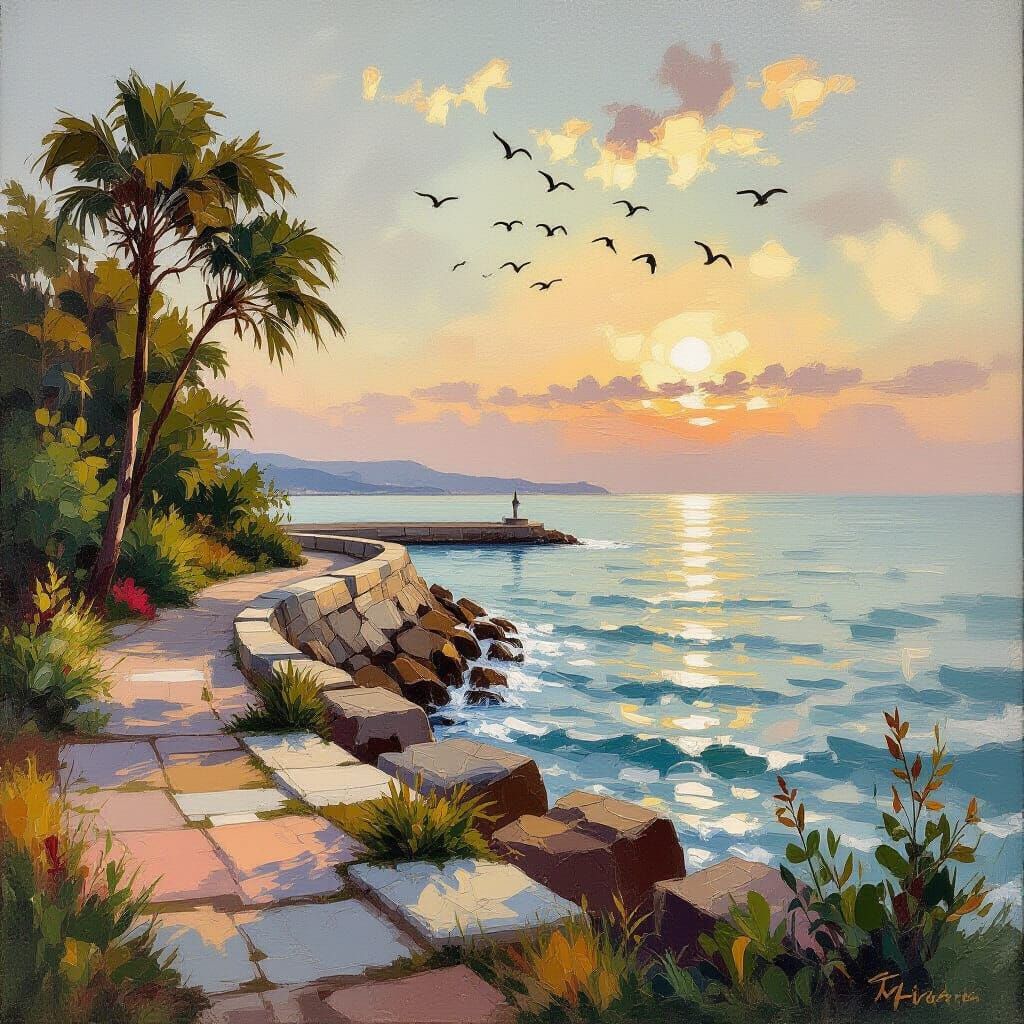 Vintage Oil Painting of Coastal Estate at Dusk