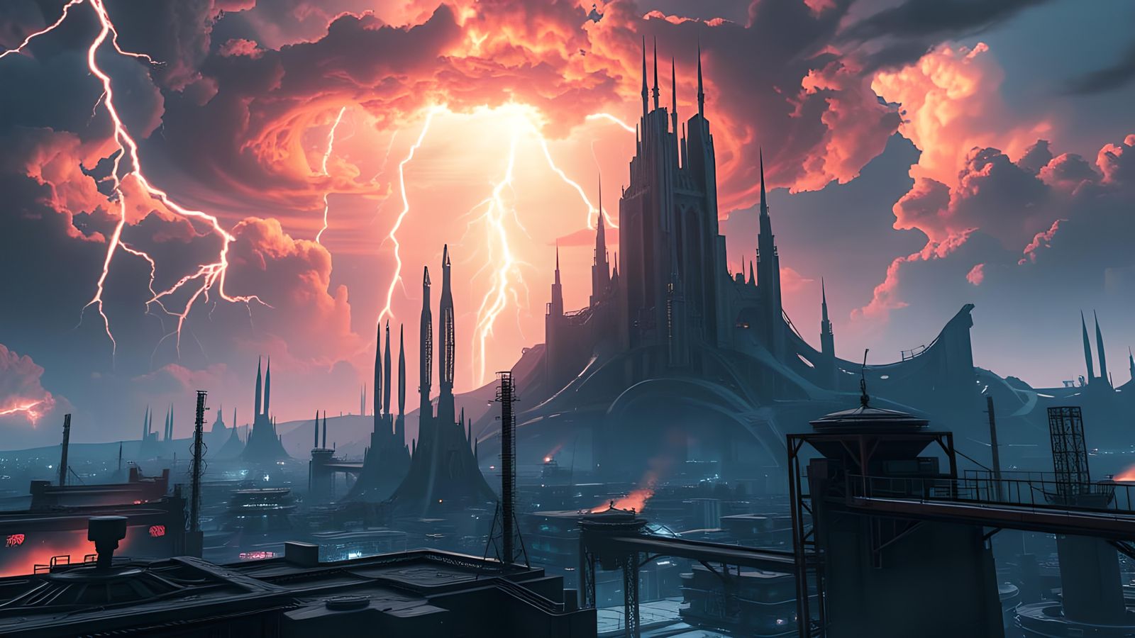 Neon Storm Over Dystopian Machine World