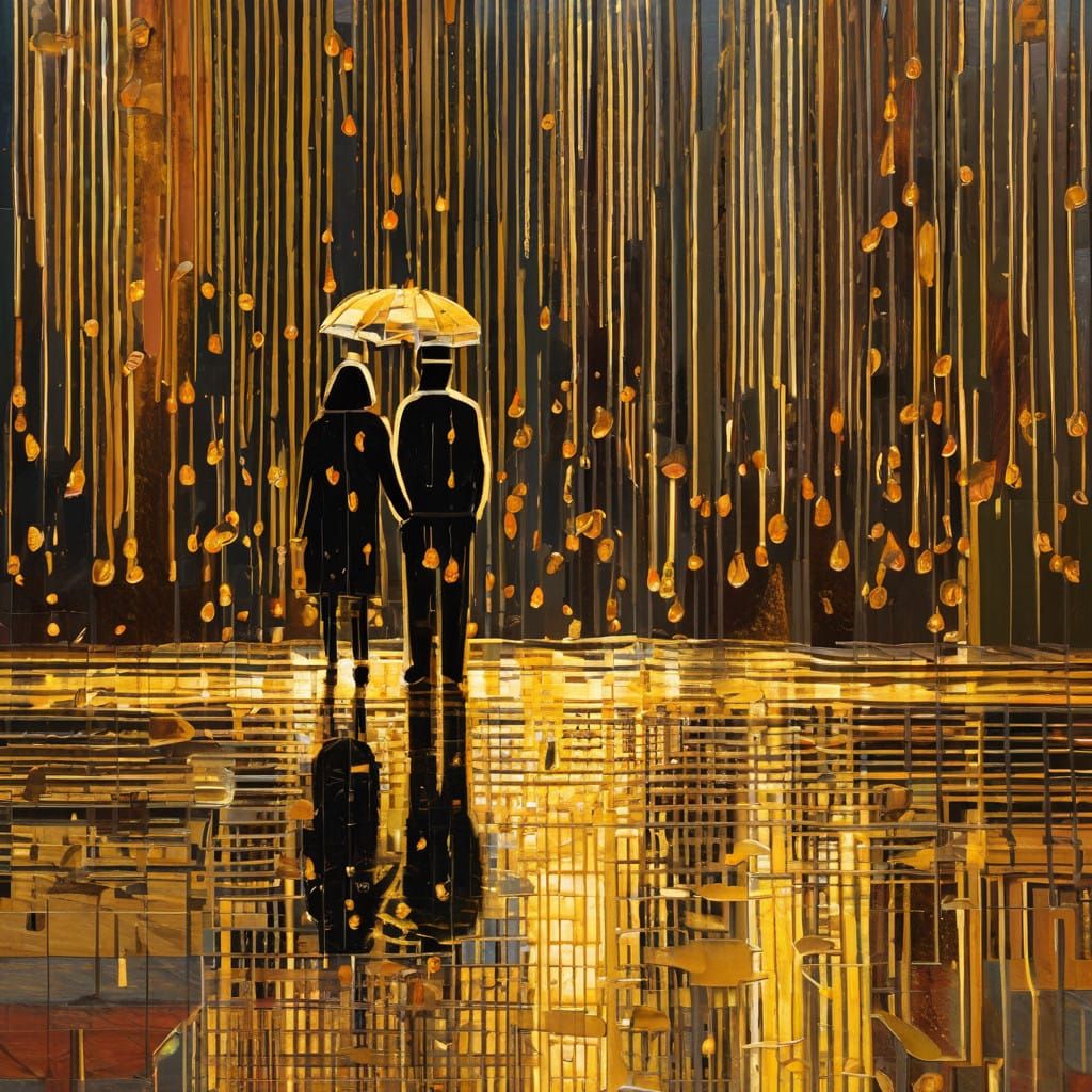 Couple Embracing Gold Rain in Neo-Cubist Style