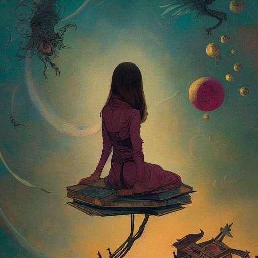 Magical Library: Girl on Flying Book, Detailed Matte Paintin...