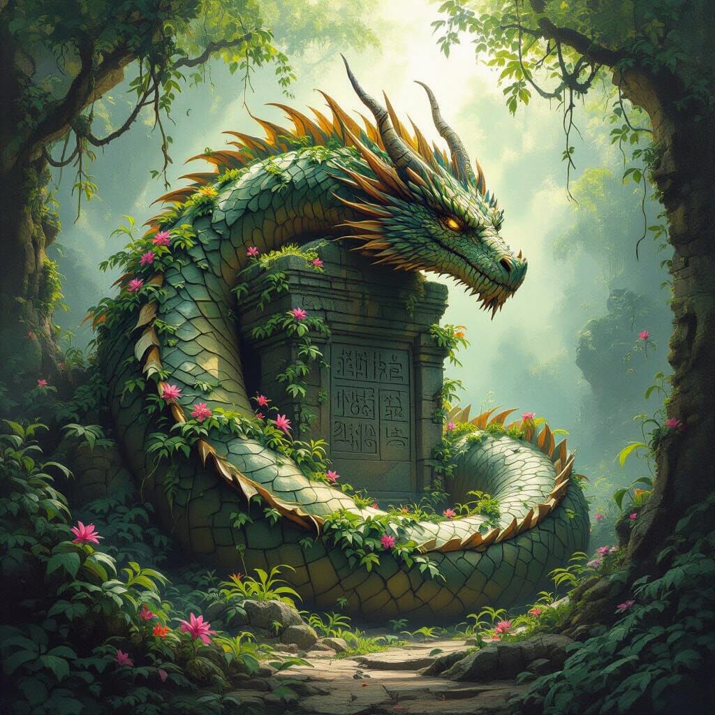 Ancient Dragon Guards Jungle Ruins in Oil Painting Style