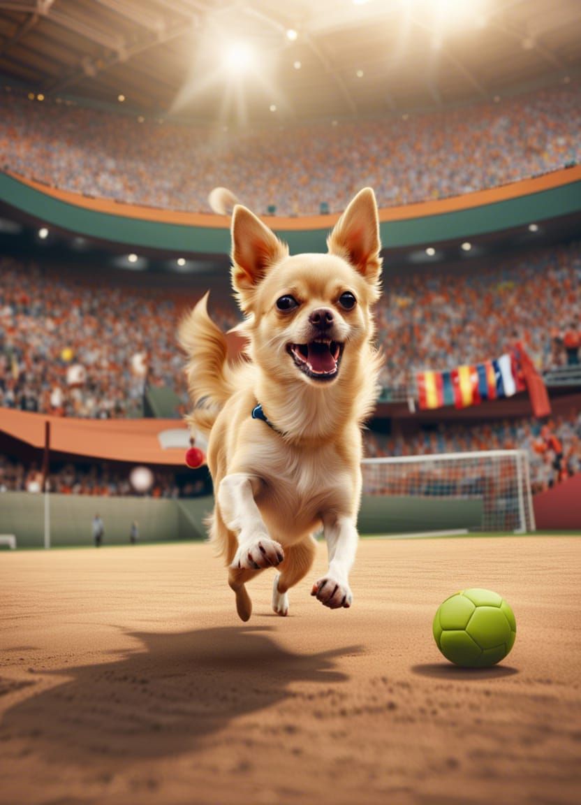 Chihuahuas Play Soccer in Stadium: Hyperrealistic Photo