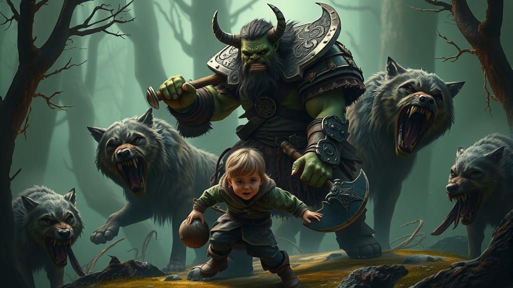 Orc Warrior Defends Children in Dark Fantasy Style