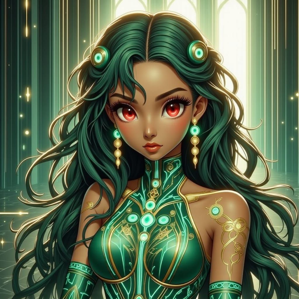 anime woman sitting in a Gothic cathedral 3/4 side angle, sh...