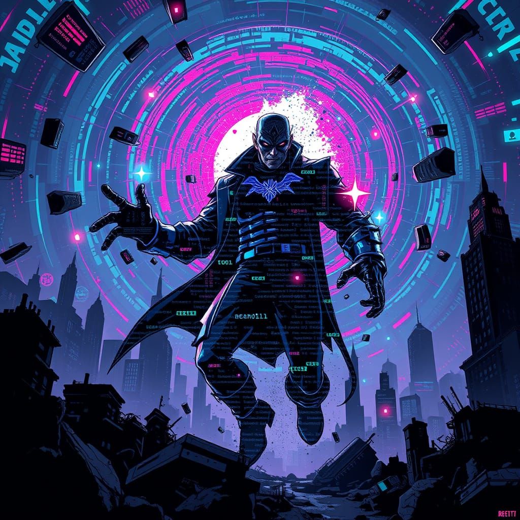 Digital Supervillain Emerges in Glitch Art Style