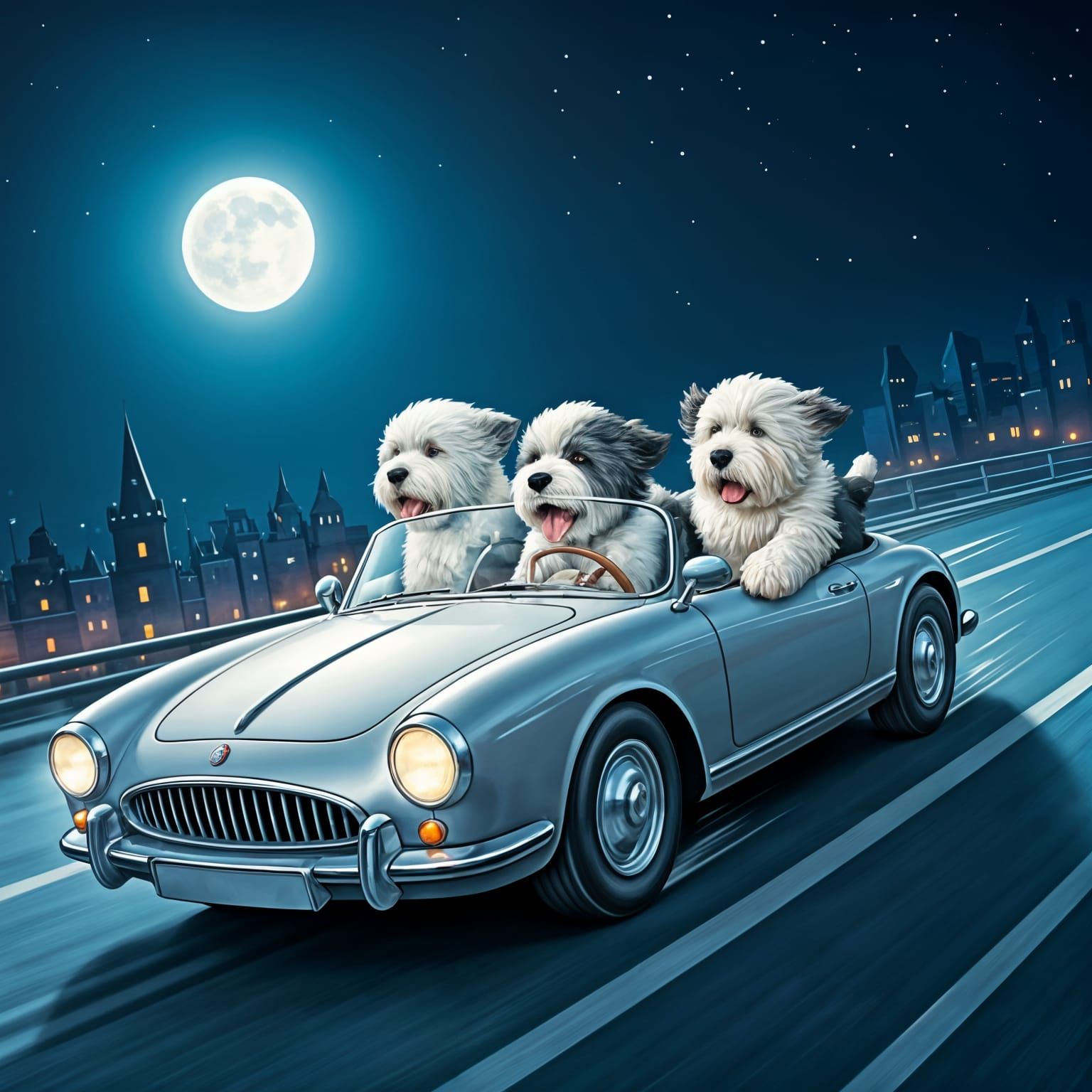 Moonlit Whimsy: Three Old English Sheepdogs Cruise in Style