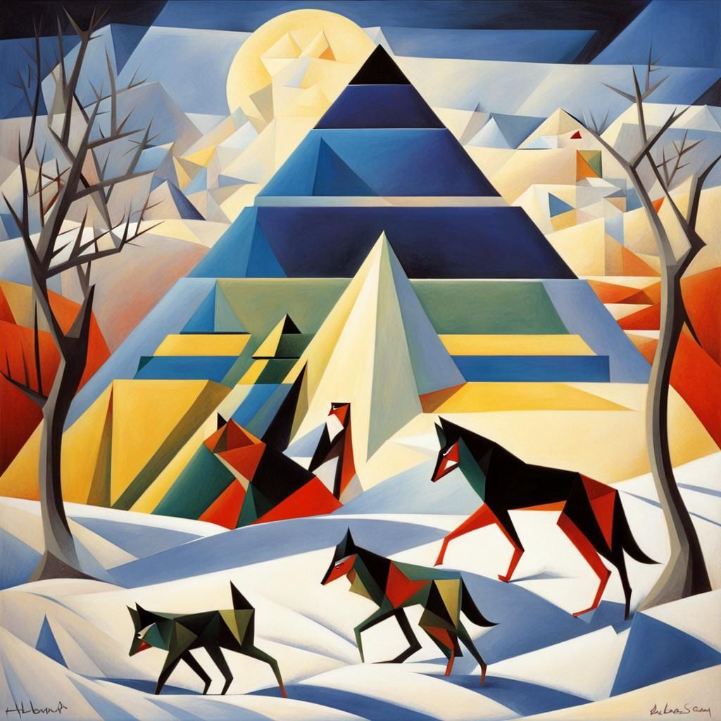 Wolves in Snowstorm Near Egyptian Pyramid: Cubist Style
