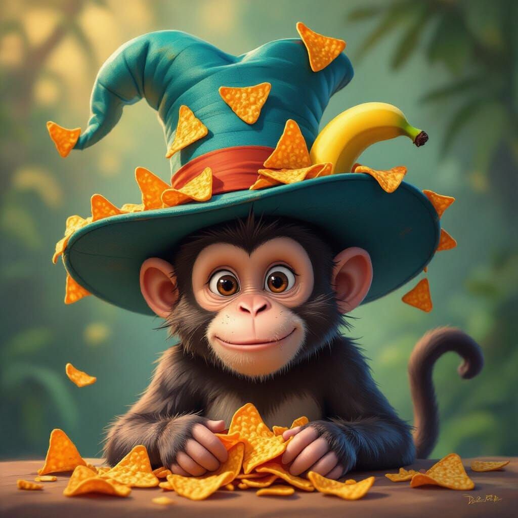 Whimsical Monkey with Doritos and Banana Hat