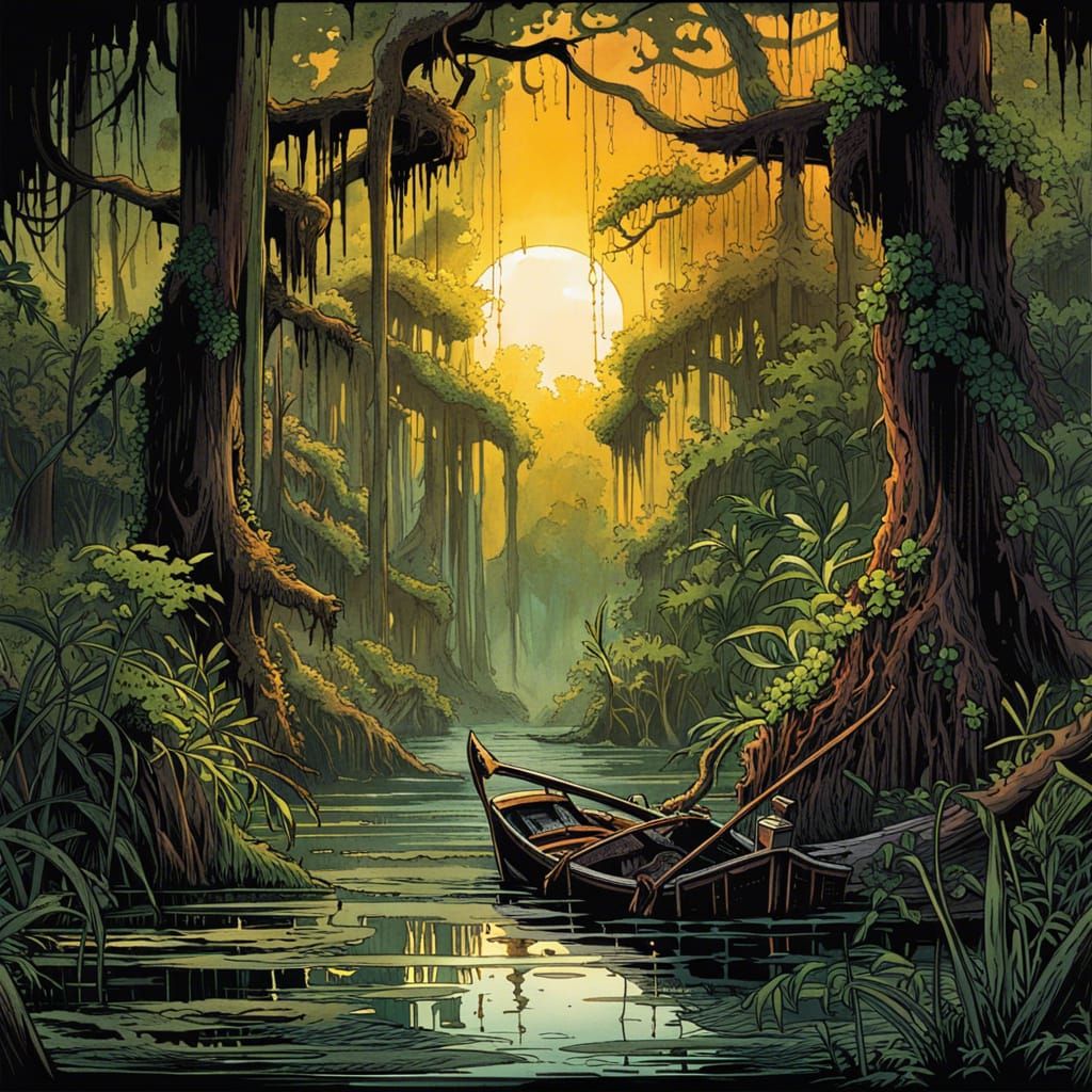 Louisiana Swamp in Watercolor Comic Book Style