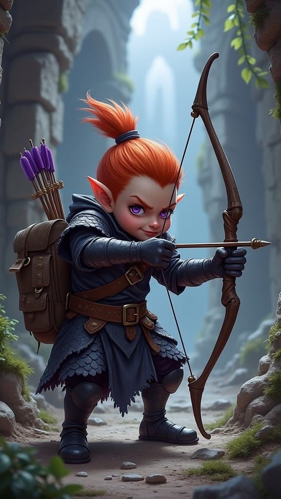 Kender Warrior Amidst Ancient Ruins in Cyberpunk Style