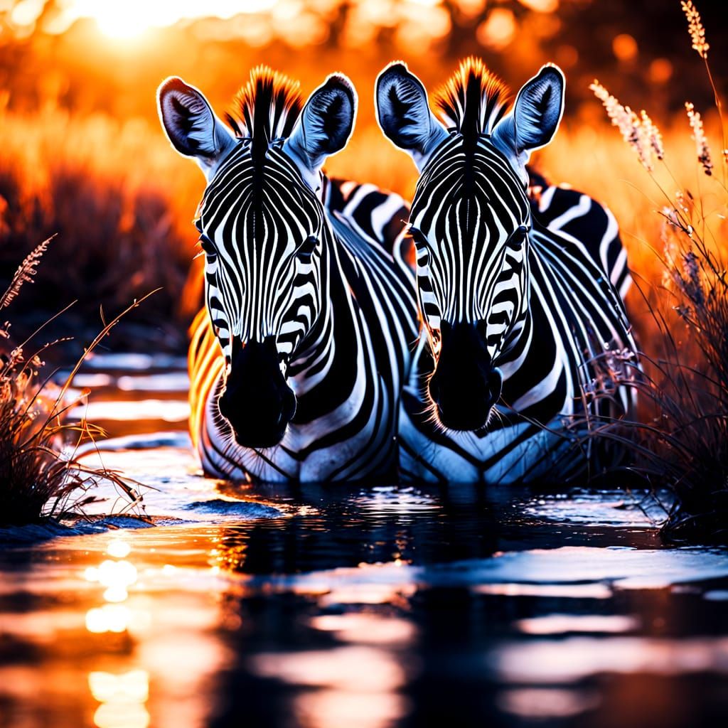 Zebras in Neon Hues at Sunset Watering Hole