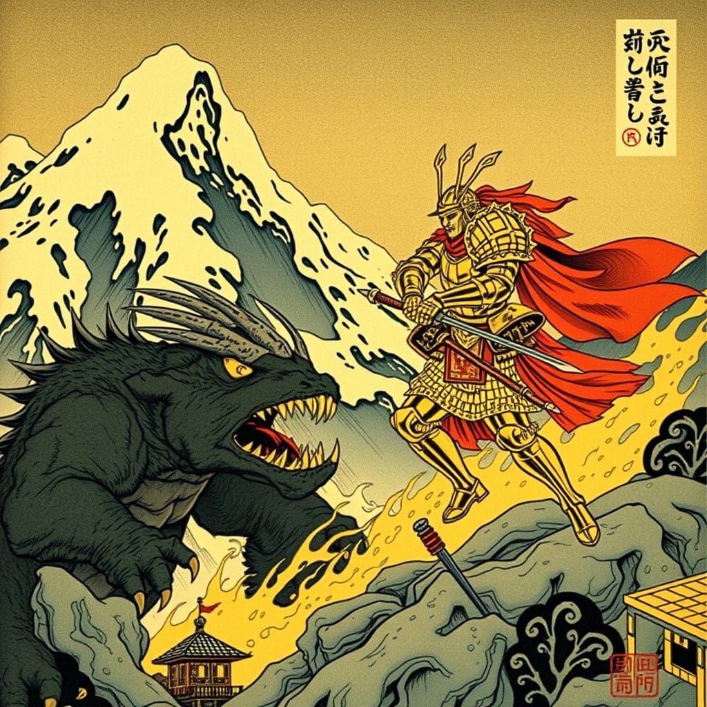 Golden Paladin Battles Ogre in Majestic Landscape