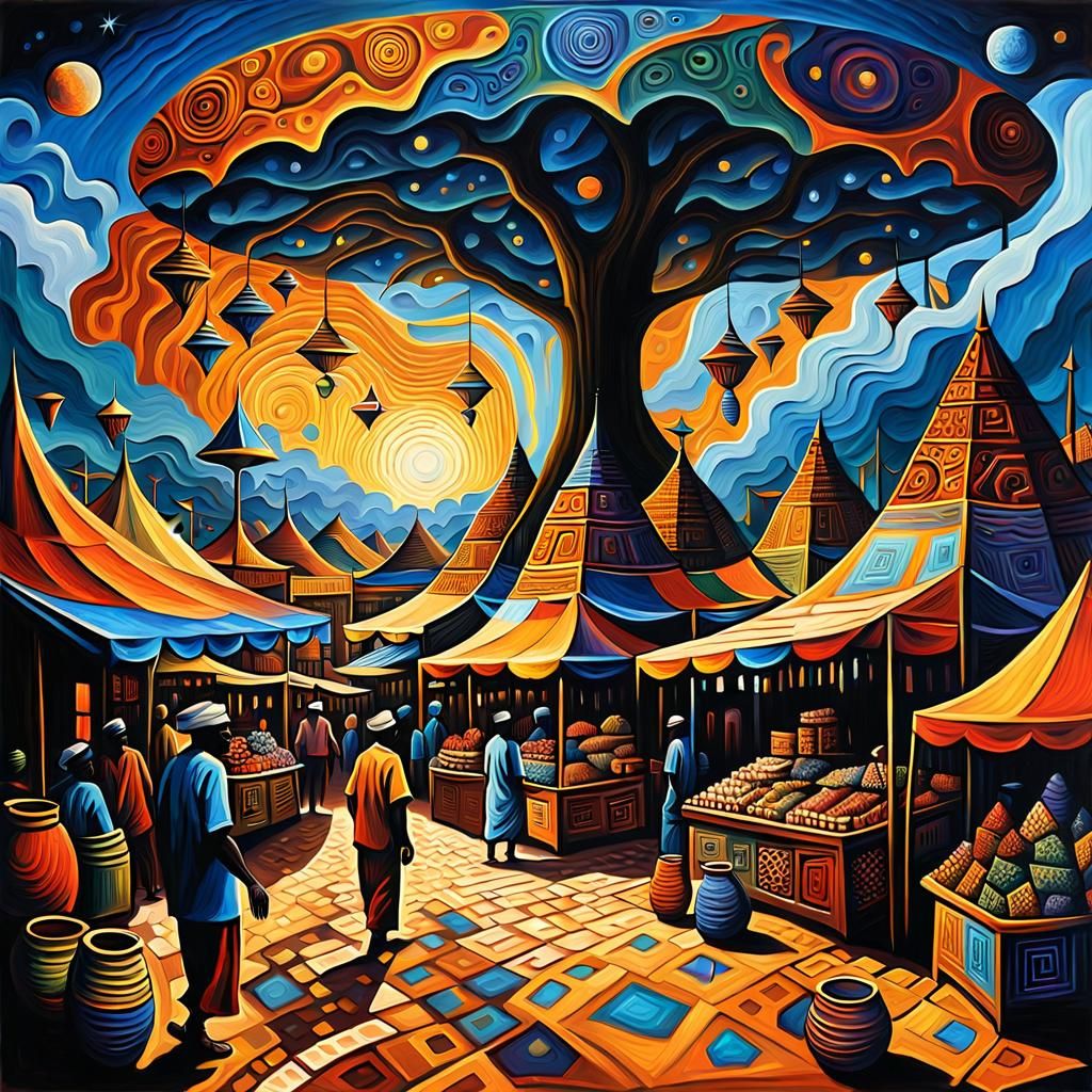 Celestial African Marketplace in Post-Impressionist Style
