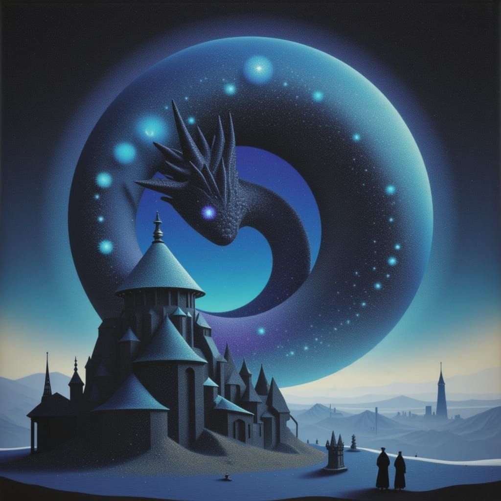 Obsidian Dragon on Desolate Moon, Gothic Art Style