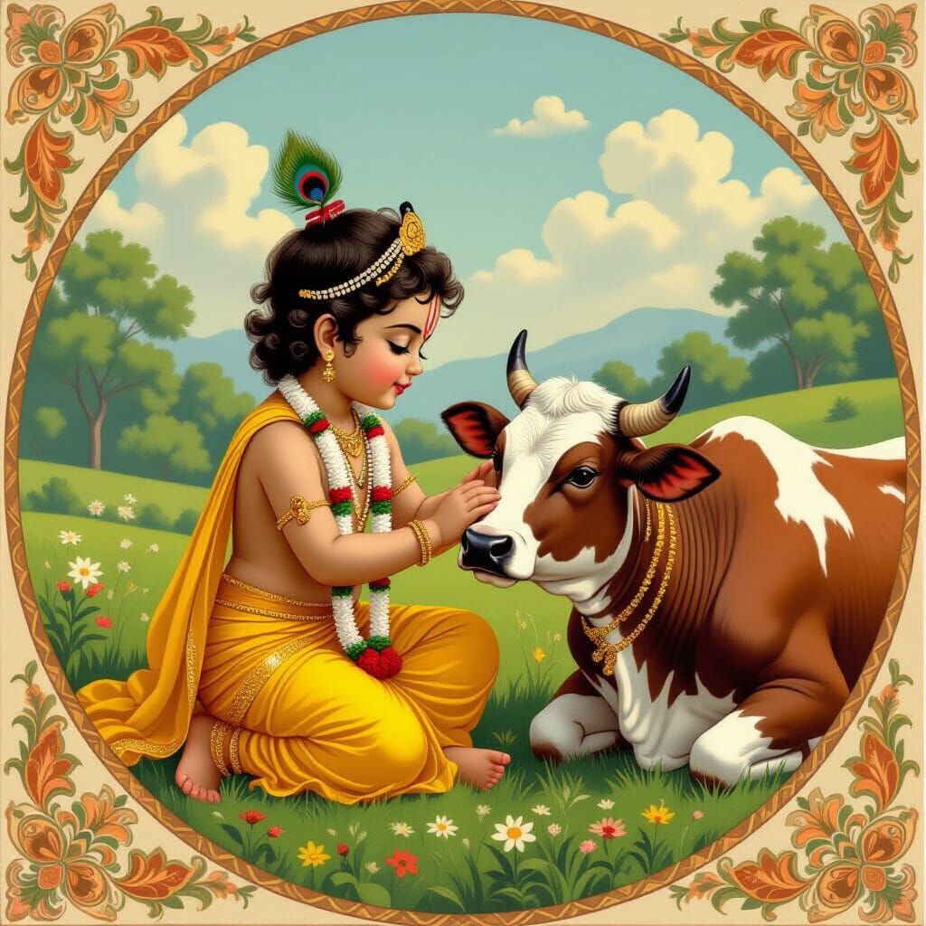 Baby Krishna with Cow in Folk Art Style