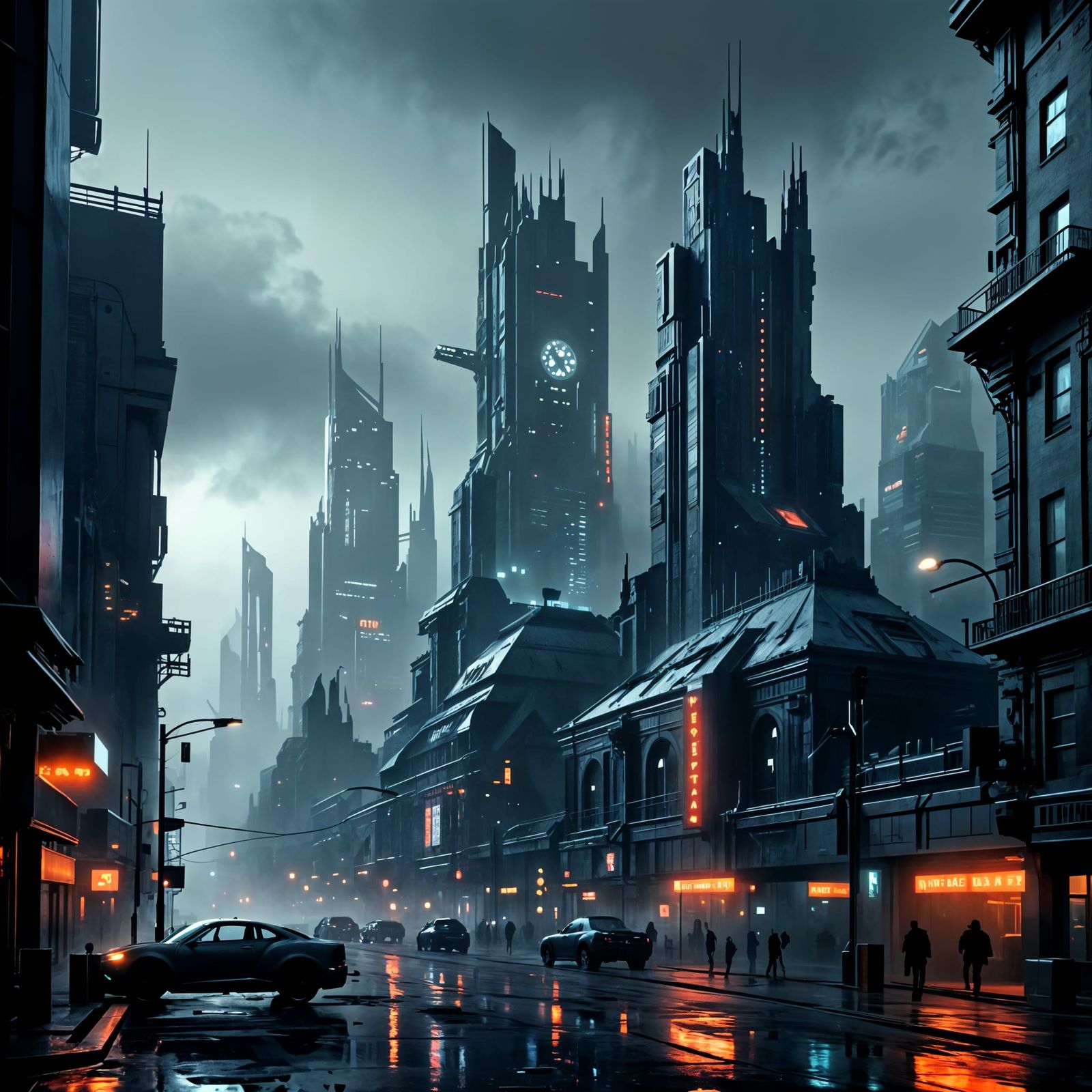 Eerie Gothic Cyberpunk City in Misty Grey