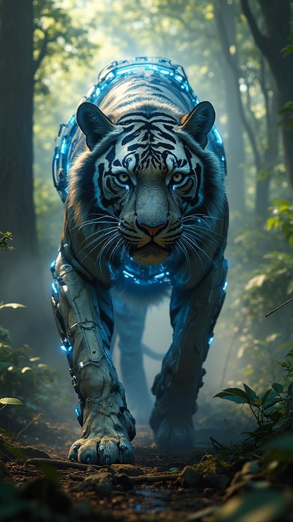 Majestic Tiger Embarks on a Futuristic Forest Quest