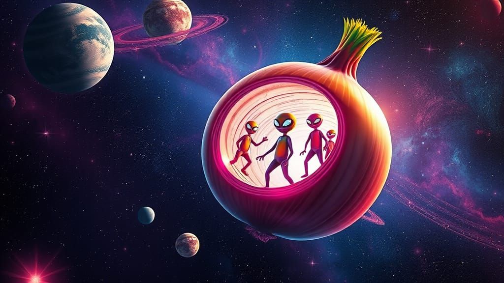 Onion Aliens Bursting Light in Space, Astral Illustration