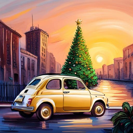 Fiat 500 with Christmas Tree: Hand-Drawn Illustration