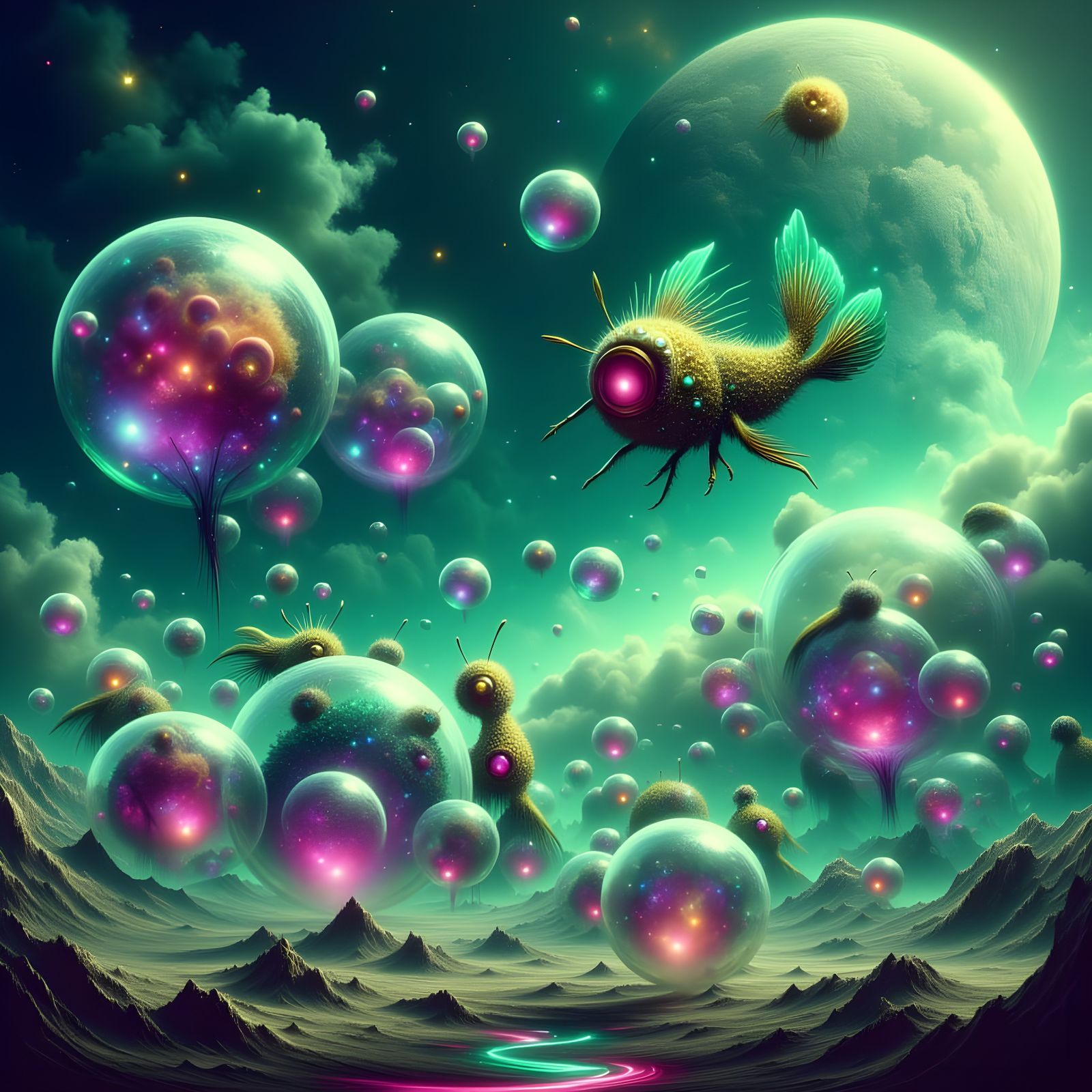 Insects and Fish on a Moon Firestorm